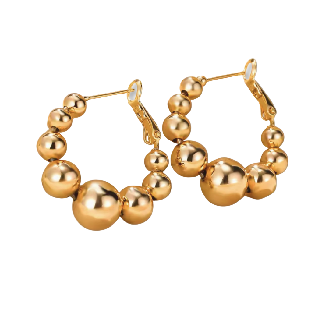 A pair of ornate beaded hoop earrings crafted from gold-plated stainless steel.