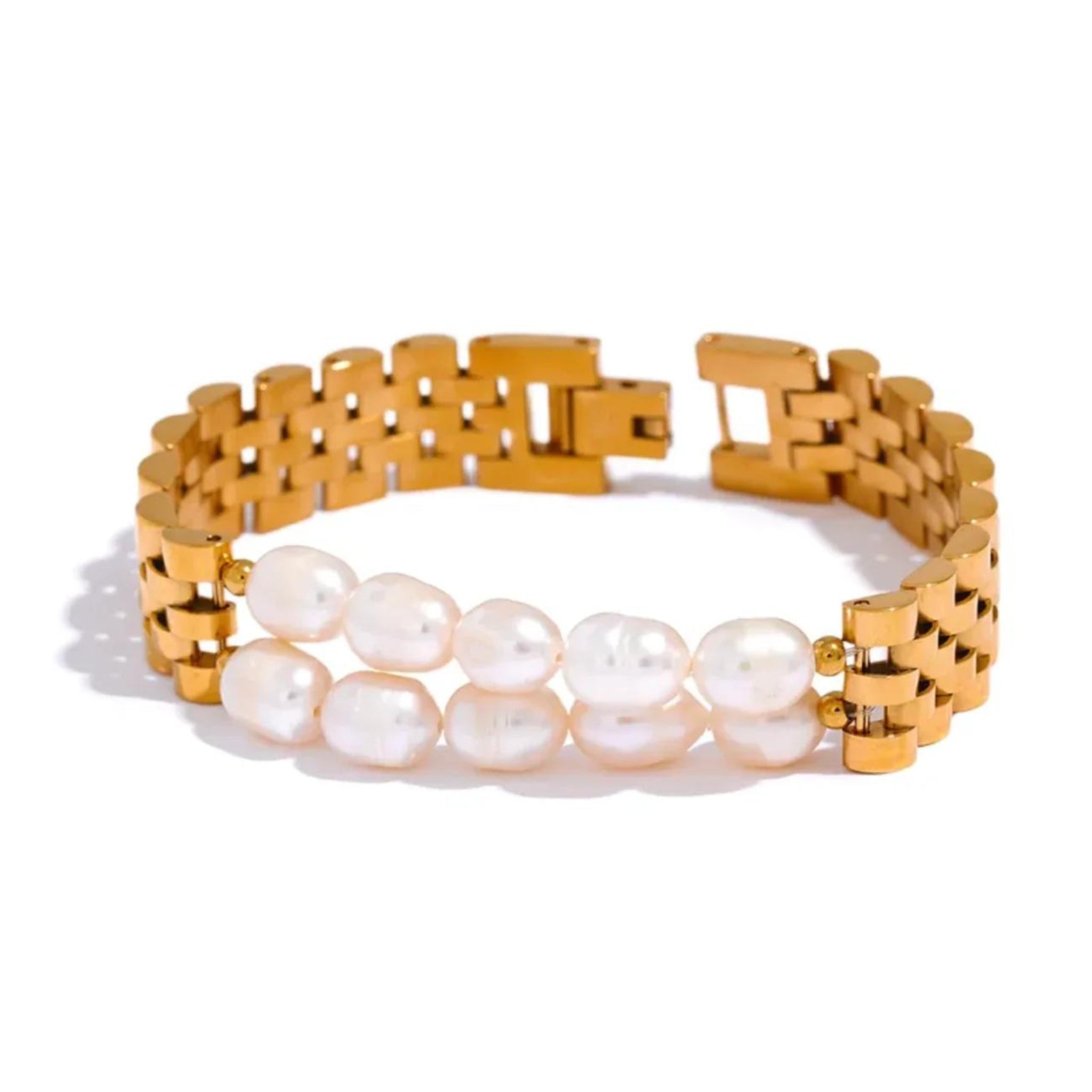 A gold stainless steel bracelet with white pearls linked together.