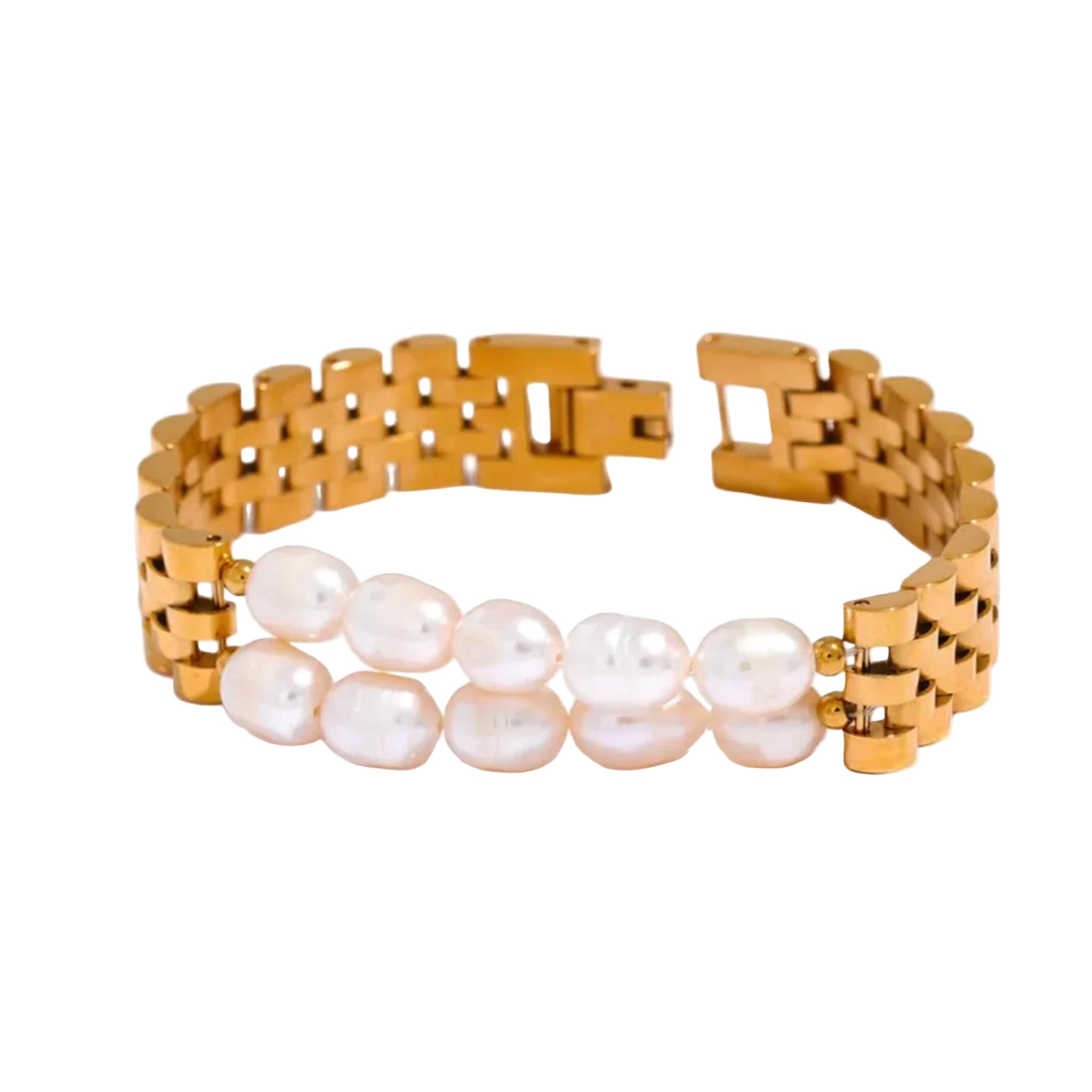 A gold stainless steel bracelet with white pearls linked together.