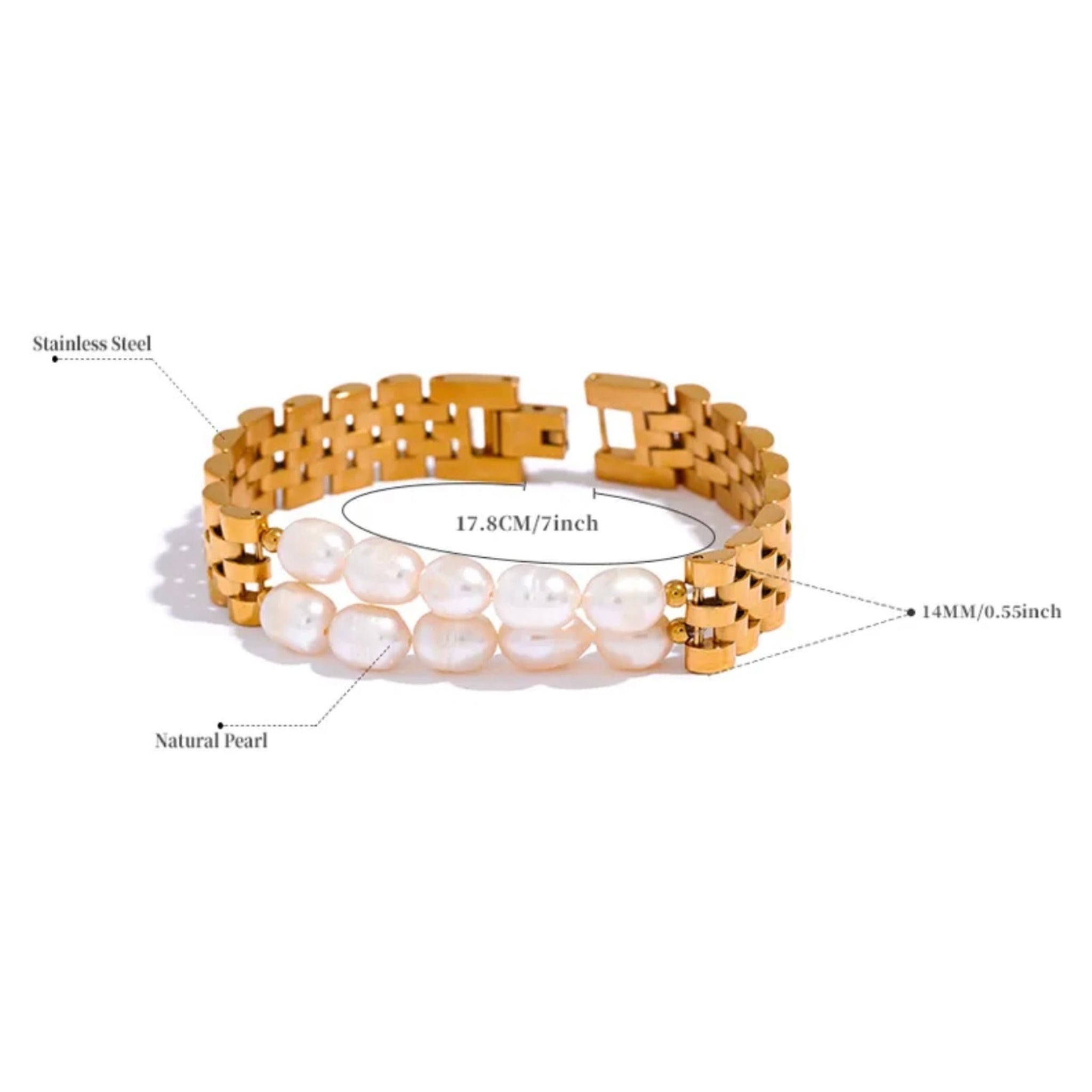 A gold stainless steel bracelet with white pearls linked together.