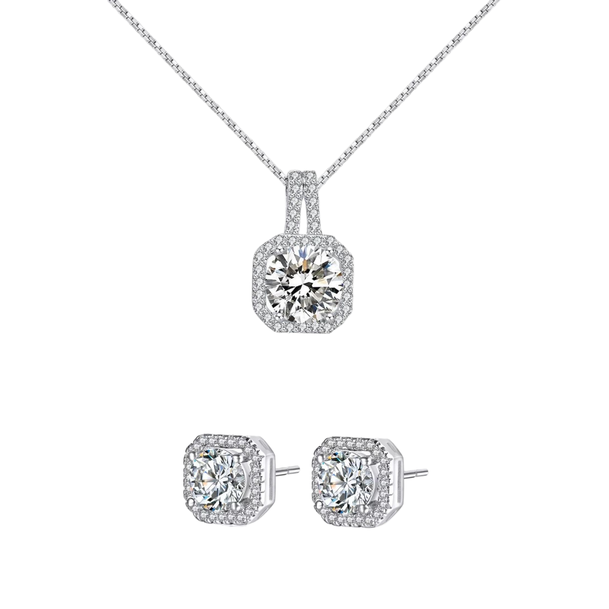A set of sterling silver jewelry including a pendant necklace and a pair of stud earrings with a clear central gemstone surrounded by smaller stones in a square setting.