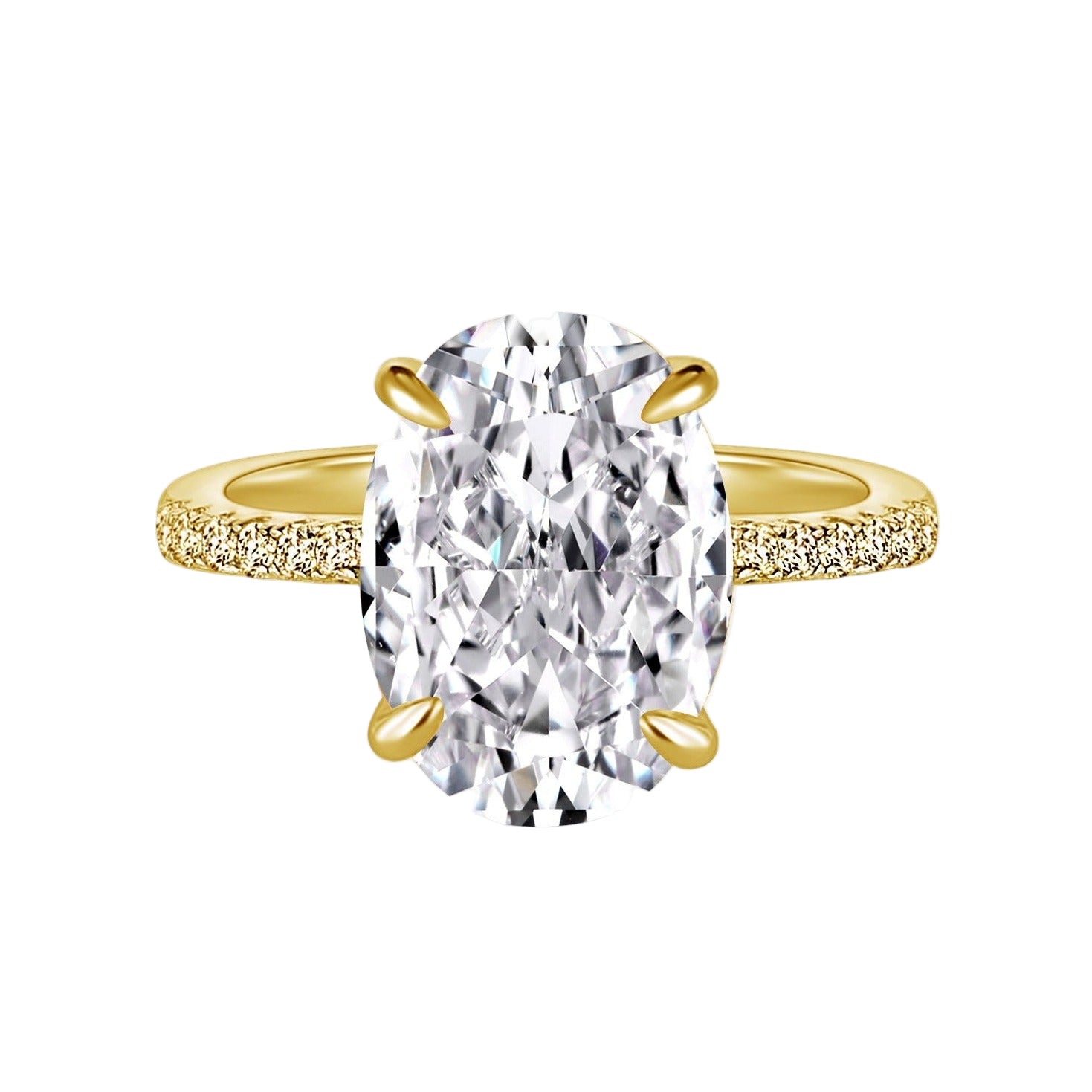 An oval-shaped diamond simulant CZ stone ring with a pave band, predominantly gold in color.