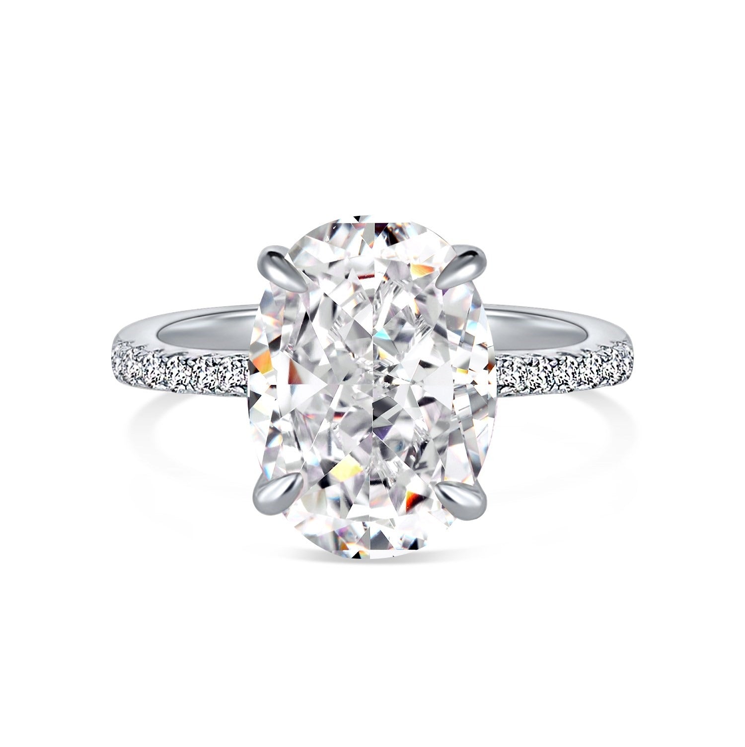 An oval-shaped diamond simulant CZ stone ring with a pave band, predominantly silver in color.
