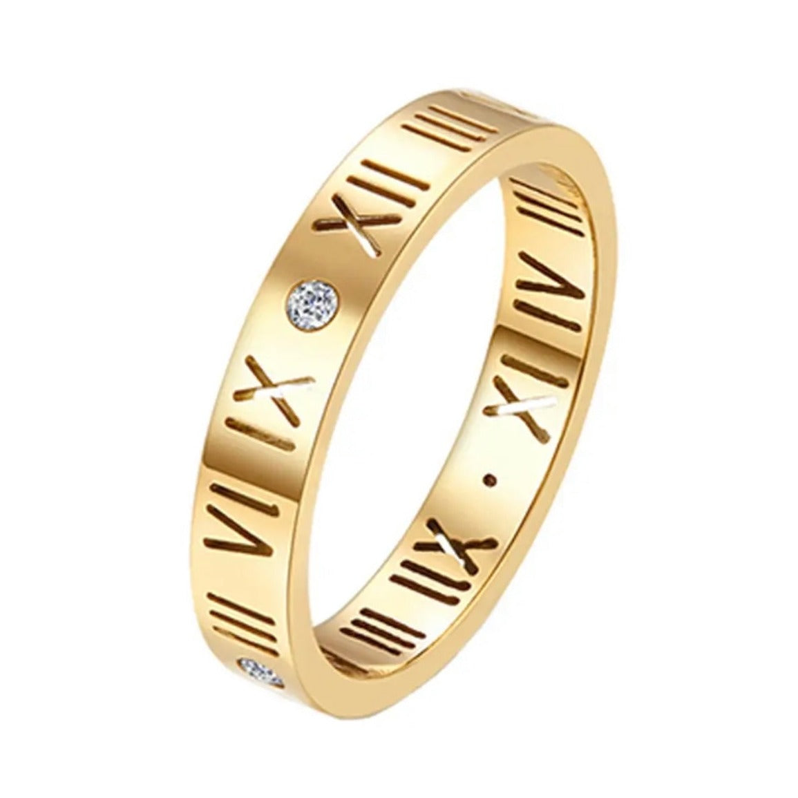 A gold-colored stainless steel band ring with Roman numeral patterns and small embellishments.