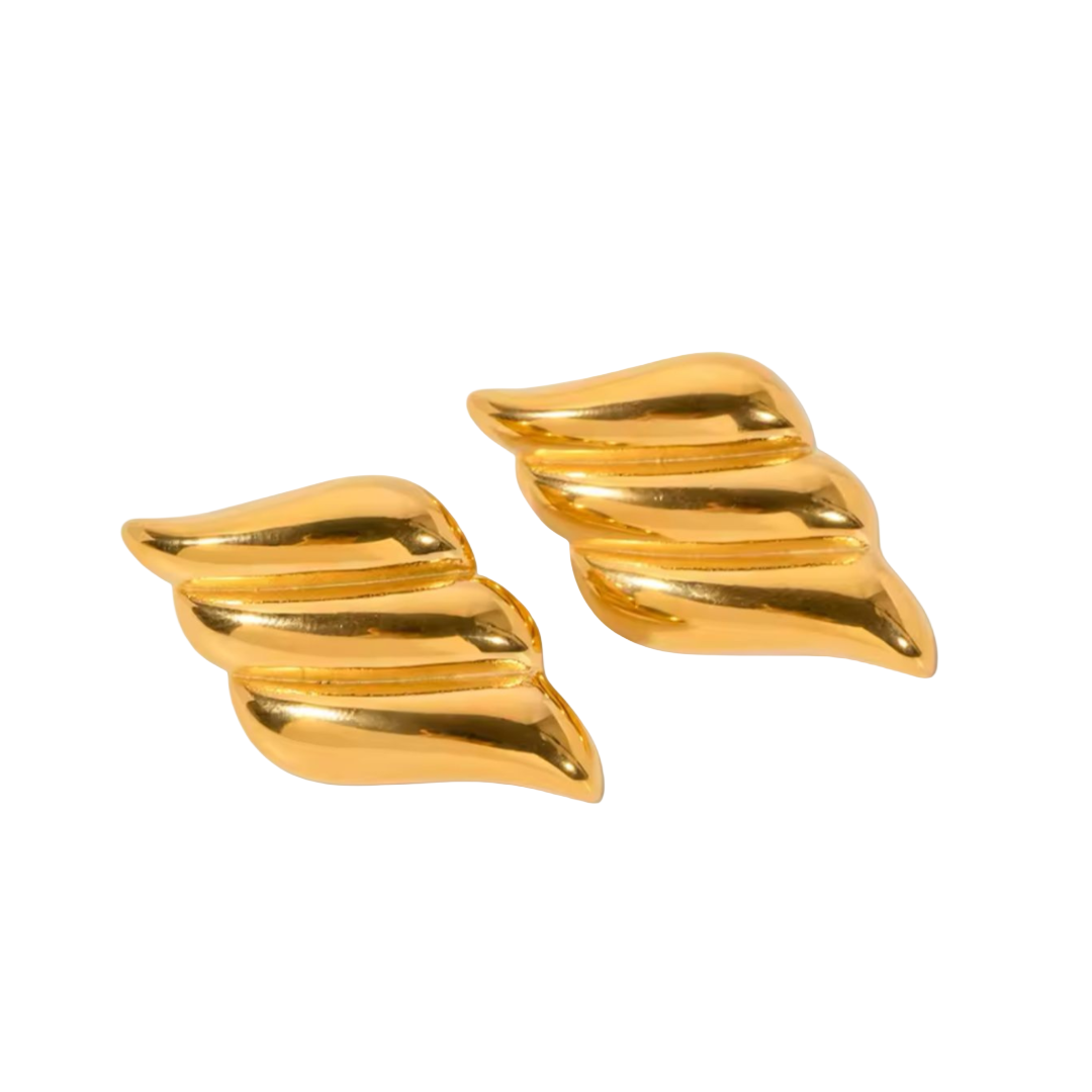 A pair of 18k gold plated stainless steel winged stud earrings on a white background.