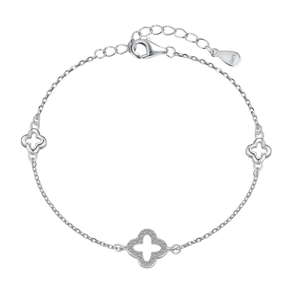 A silver clover charm bracelet with a chain link closure, displayed against a white background.