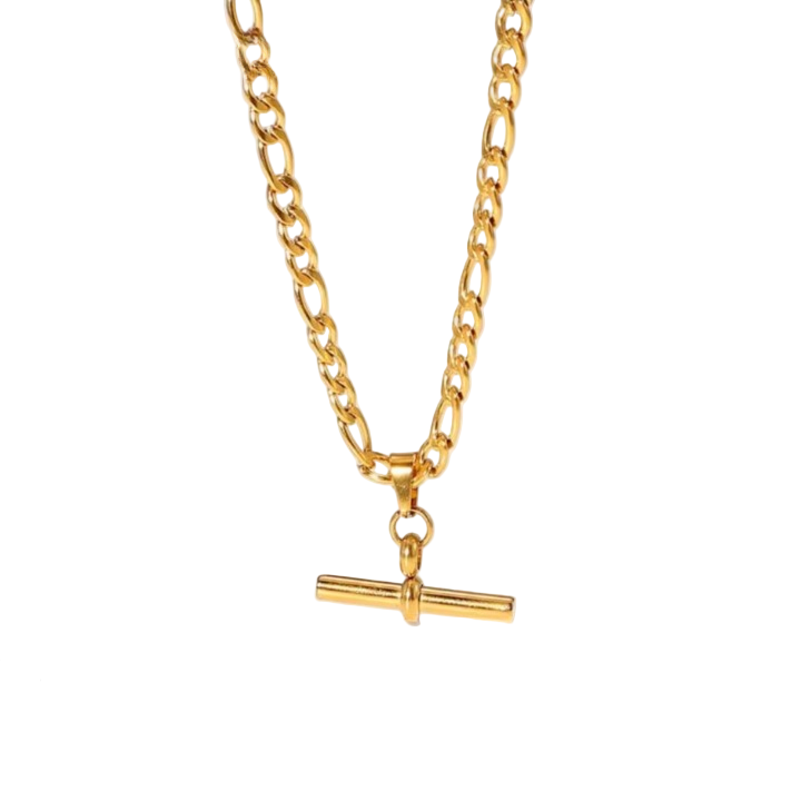 Gold necklace with a T small pendant on a white background