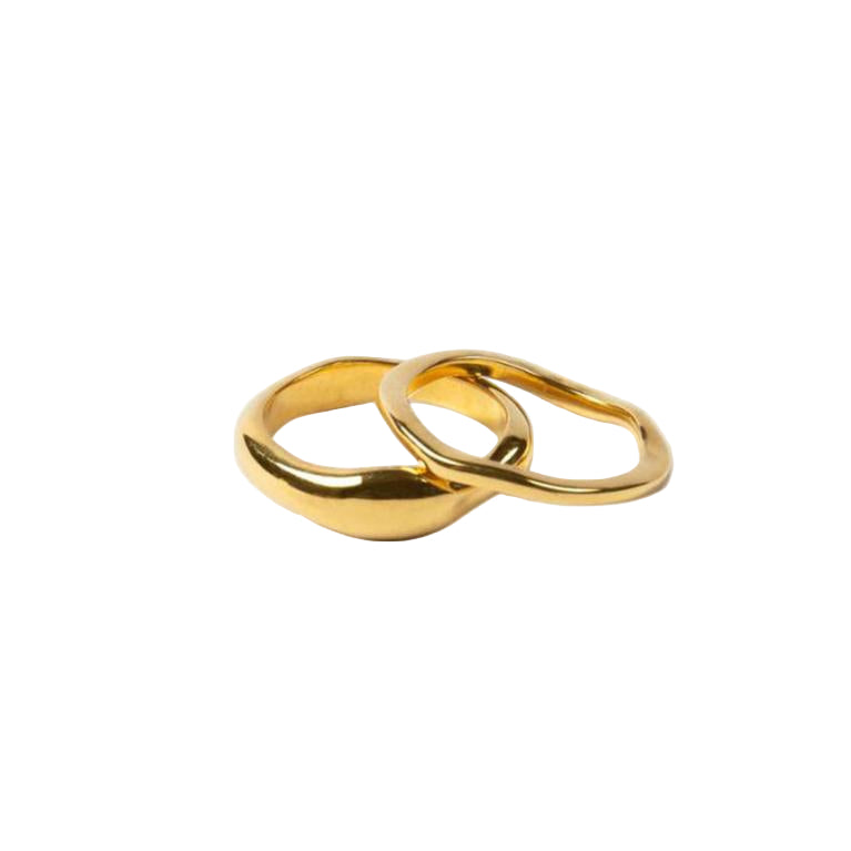 A gold-colored band ring with a wavy design, made from stainless steel, displayed on a plain background.