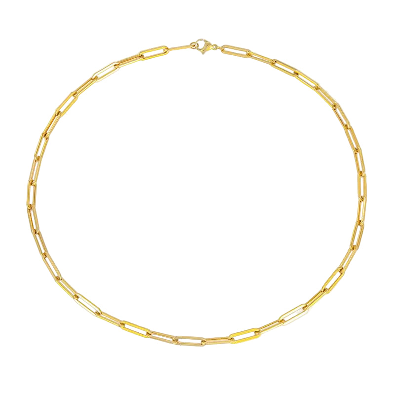 A sleek paperclip chain necklace in gold tone, crafted from 925 sterling silver, displayed against a white background.