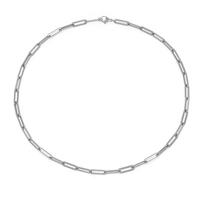 A sleek paperclip chain necklace in silver tone, crafted from 925 sterling silver, displayed against a white background.