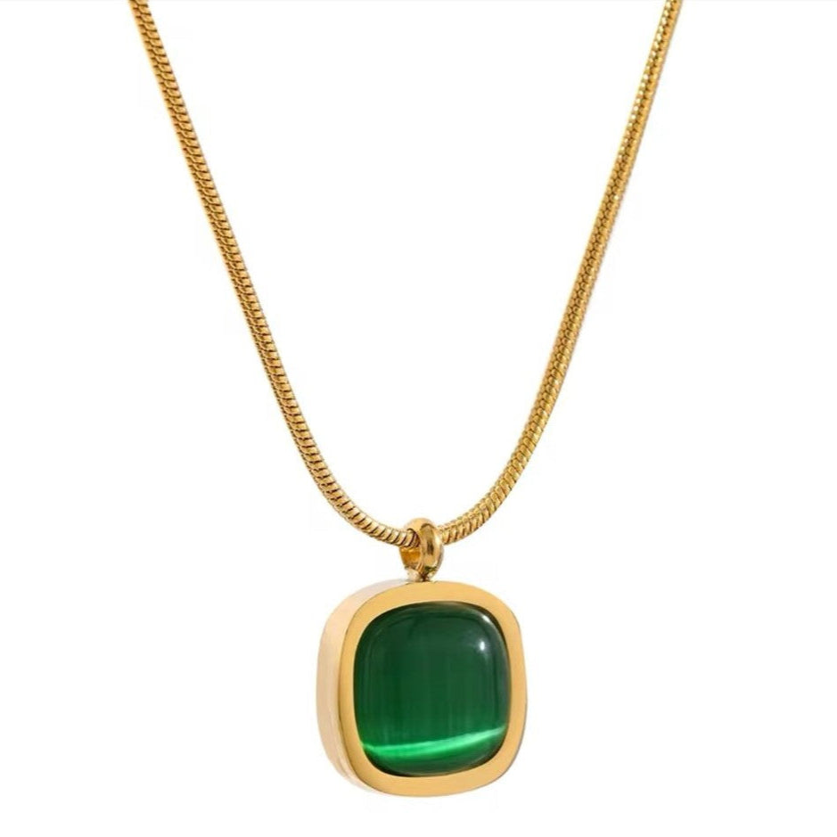 A square green opal stone pendant attached to a gold-plated stainless steel chain, with the chain's length adjustable.