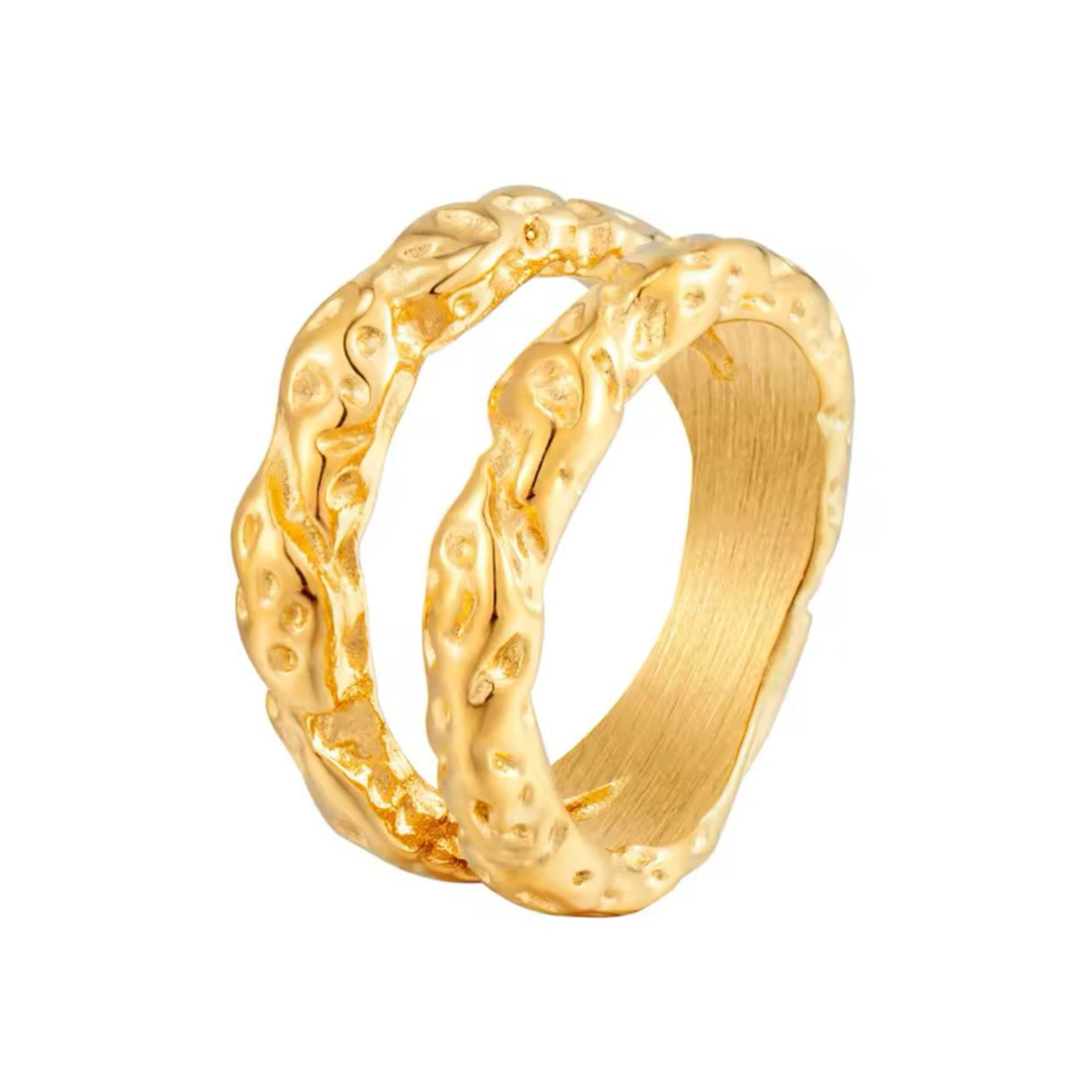 A double band stainless steel ring with 18K gold plating, featuring a textured design.
