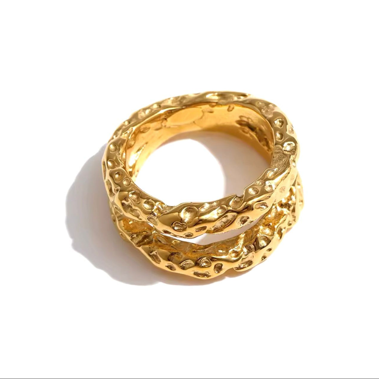 A double band stainless steel ring with 18K gold plating, featuring a textured design.