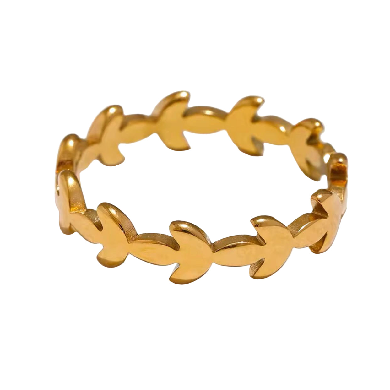 A gold-colored stainless steel ring with a leafy embrace design.