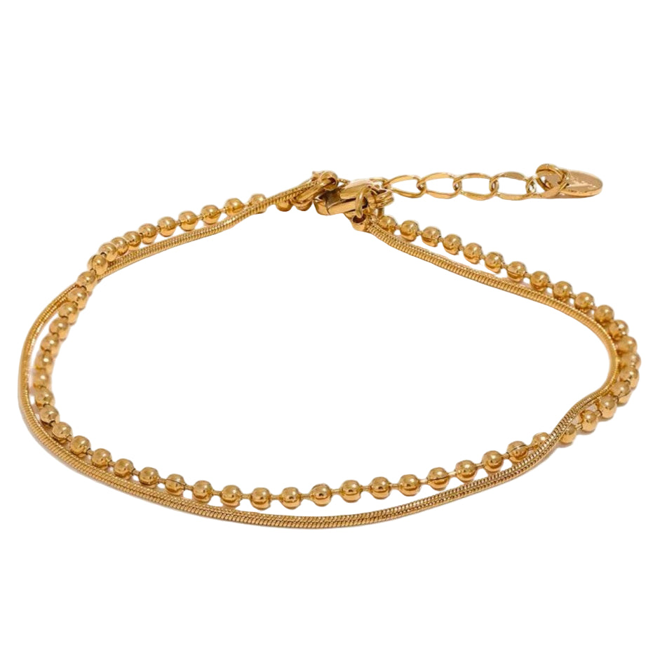 Stainless Steel Double Layer Bracelet – Flat & Bead Chains Gold Plated on a white background
