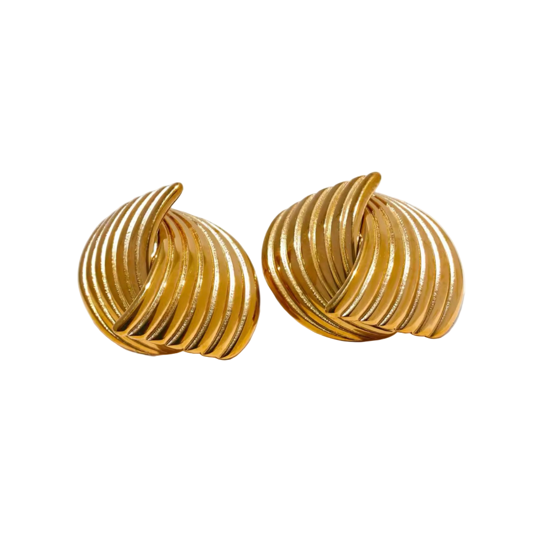 A pair of 14k gold plated stainless steel geometric earrings with a ribbed texture.
