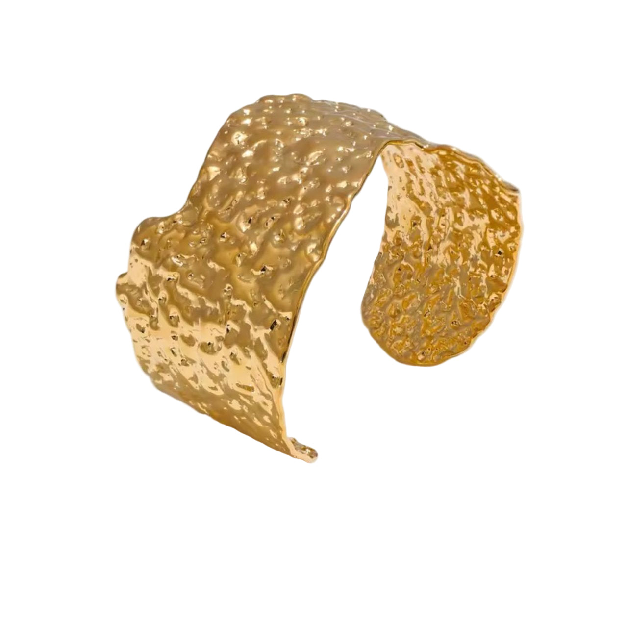 18K Gold Plated Metal Hammered Wide Open Bangle Statement Cuff on a white background
