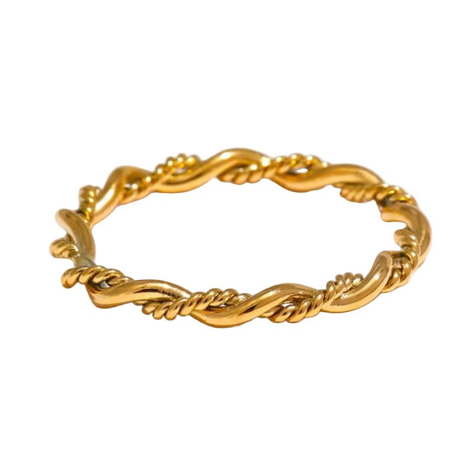 A gold-plated stainless steel thin index finger cast ring with a braided design, displayed on a white background.