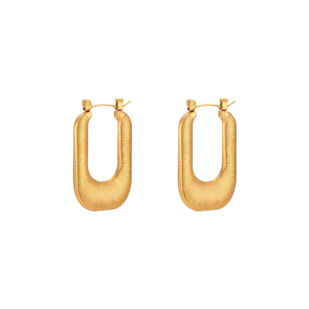 A pair of gold-plated stainless steel hoop earrings on a white background.