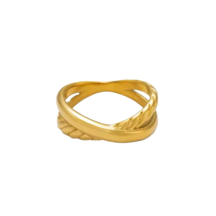 A vintage-inspired twisted stainless steel ring with a gold finish.