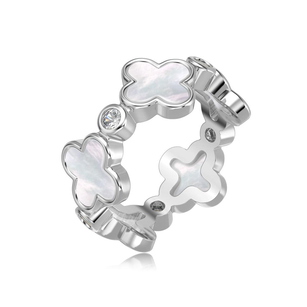 A white shell clover ring with silver plating on sterling silver, with small clear stones accents.
