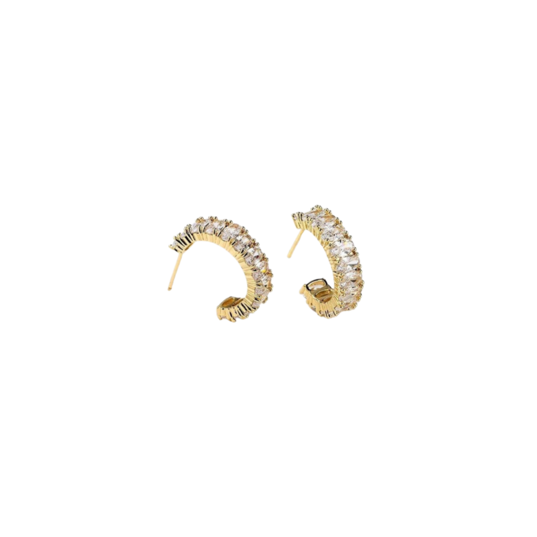 A pair of gold-plated hoop earrings with gold accents and bullet-clutch back, displayed against a white background.