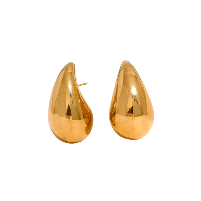 A set of gold-colored drop earrings with a glossy finish.