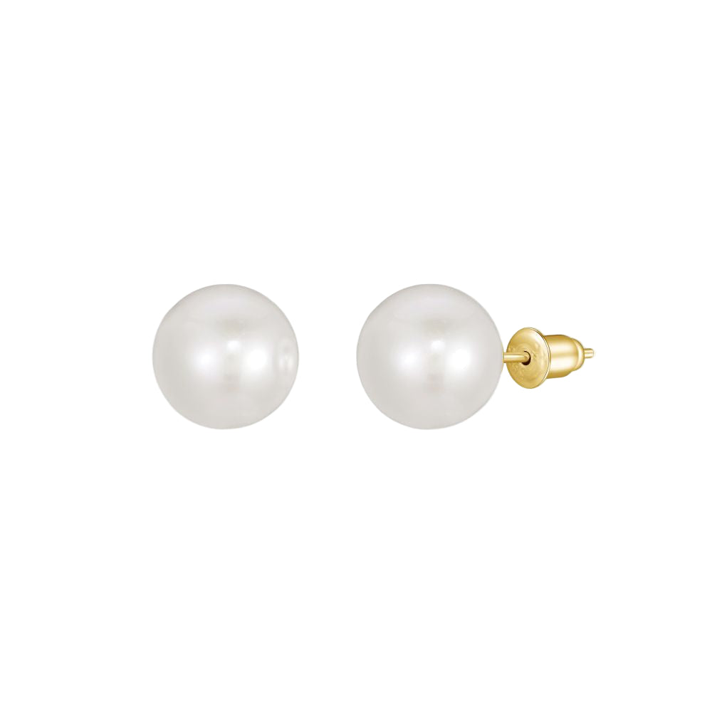 A pair of classic pearl stud earrings with lustrous pearls set against a gold backing.