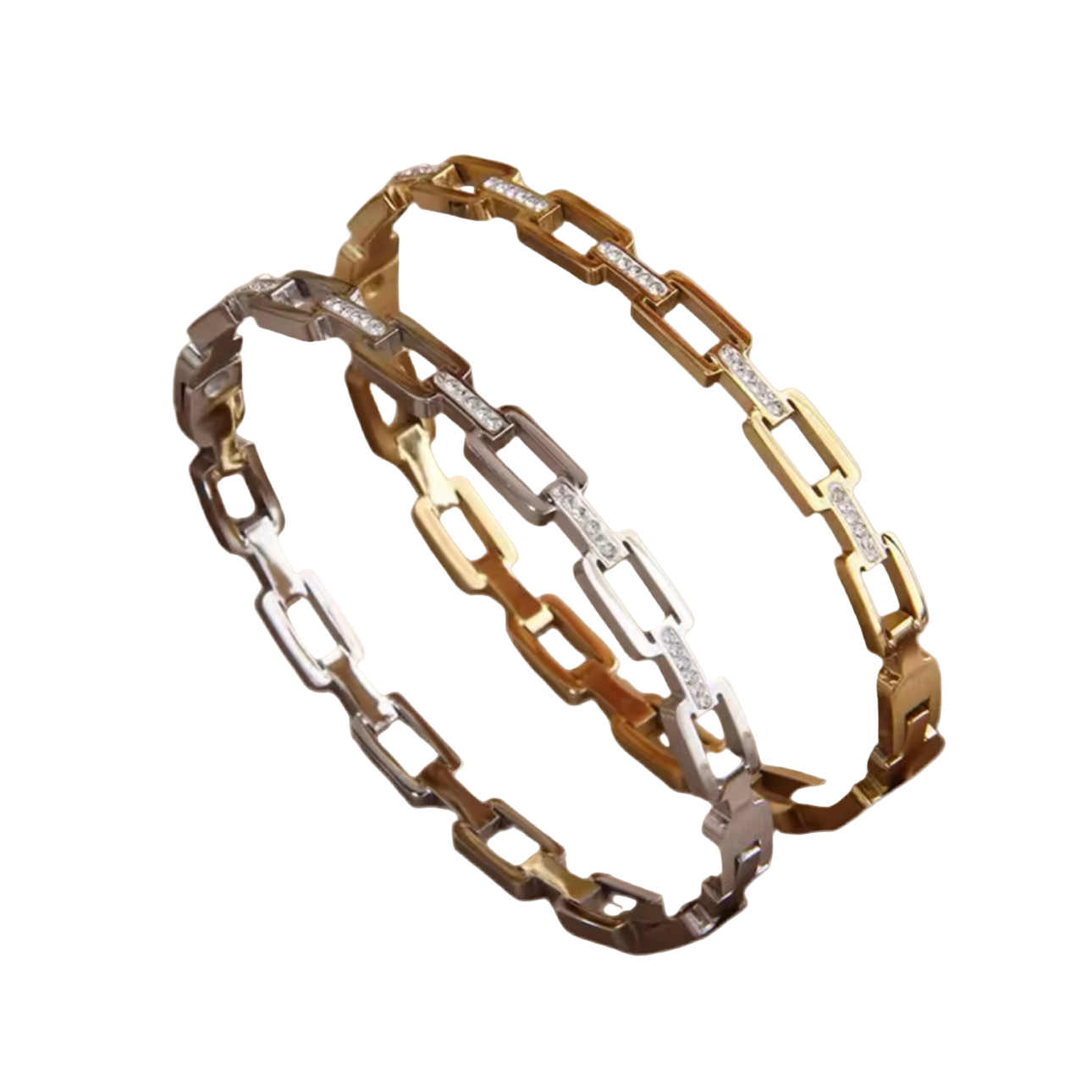 Two gold and silver chain bracelets on a beige background