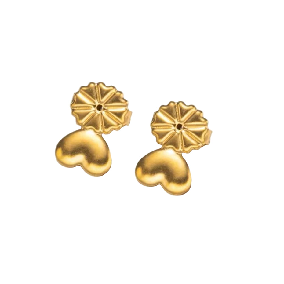 A pair of gold-colored earring lifters with a heart-shaped design, intended for use with post earrings to provide support and lift.