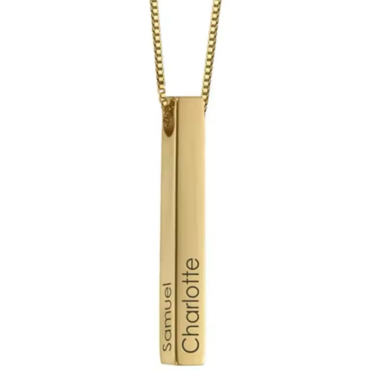 A gold-plated bar necklace with engraved names on it, displayed on a white background.