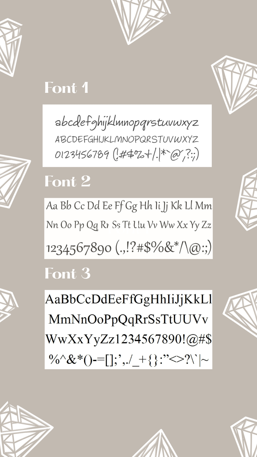 Three different font styles displayed on a beige background with geometric shapes.