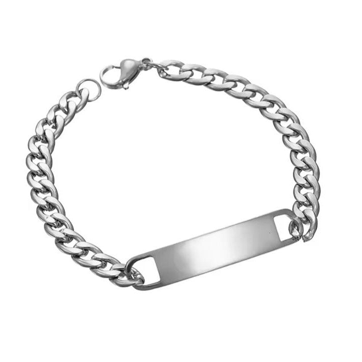 Silver stainless steel bracelet with a curb chain design and an engraved bar pendant in the center.