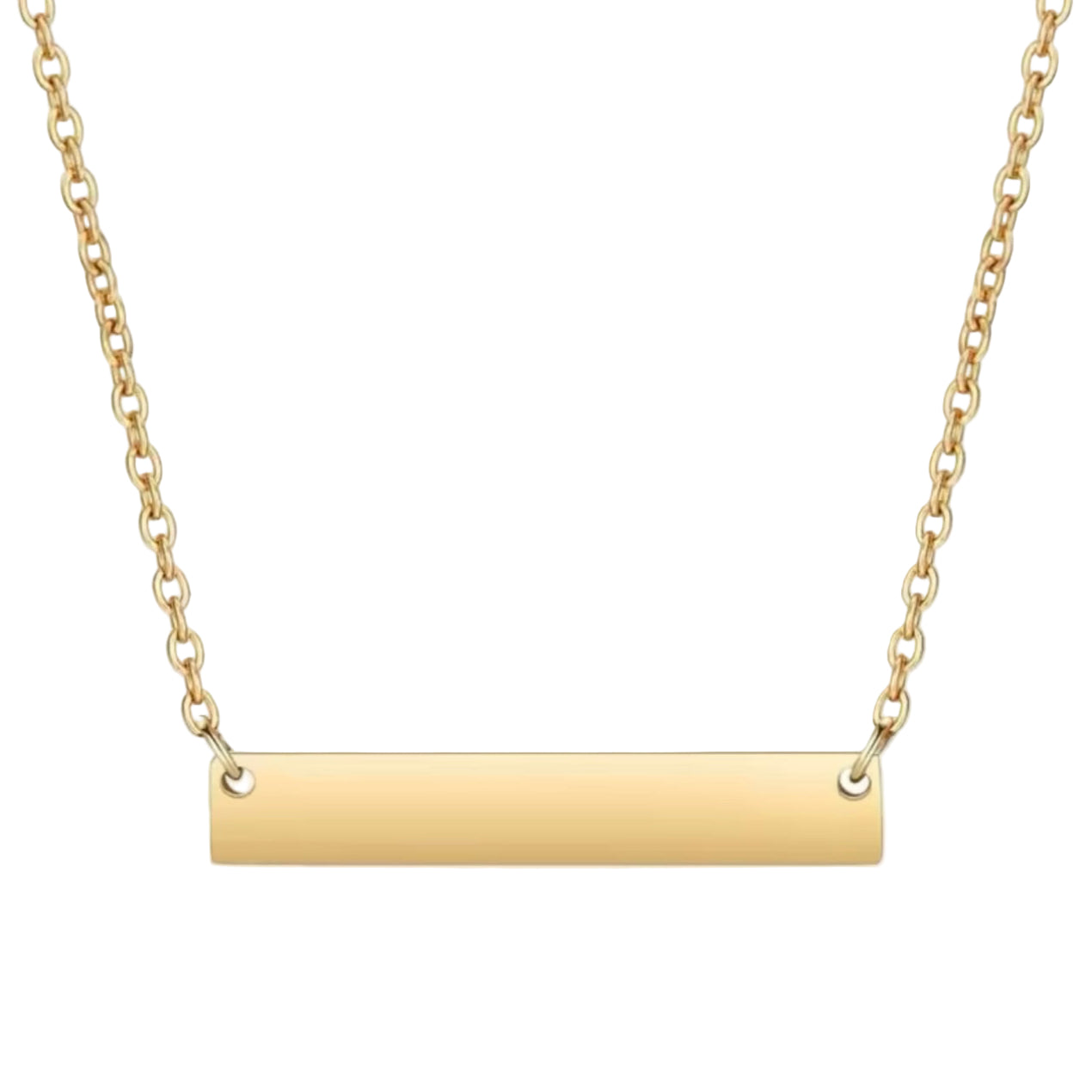 A gold horizontal bar necklace with a chain link on a white background.