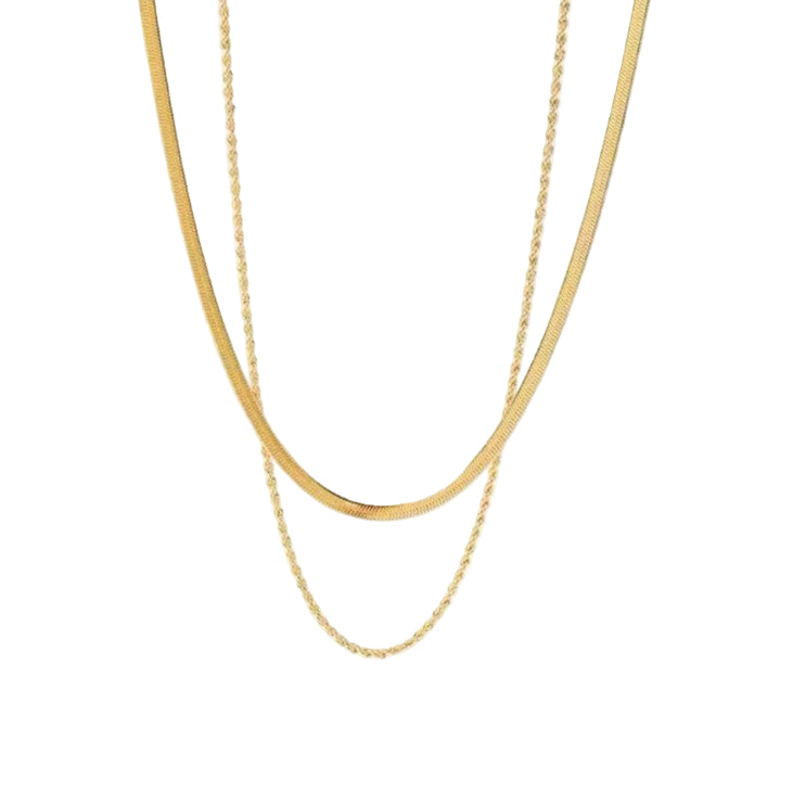 A gold colored twin chain necklace displayed over white background.