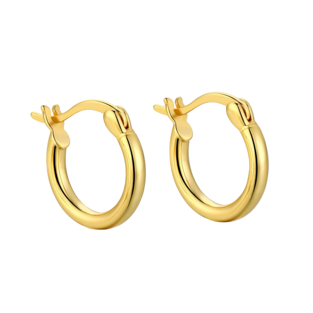 A pair of gold hoop earrings made of 925 sterling silver with 18k gold plating, displayed against a white background.