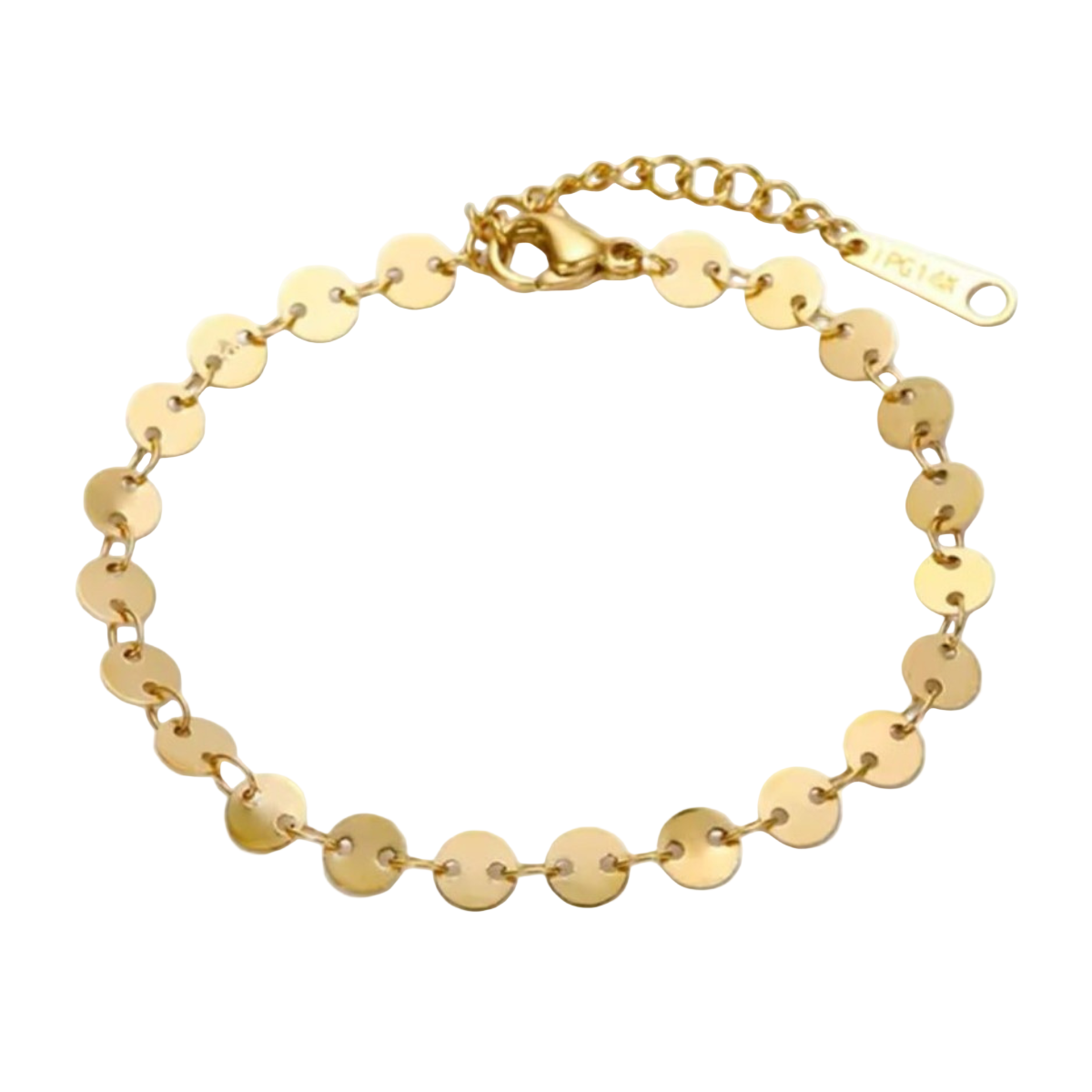 A Golden Stainless Steel Disc Designed Bracelet on a white background.