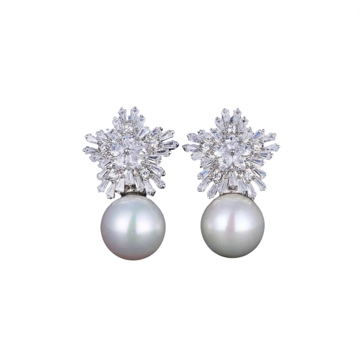 A pair of pearl earrings with raised texture and bullet-clutch back, likely silver or white gold, displayed against a white background.