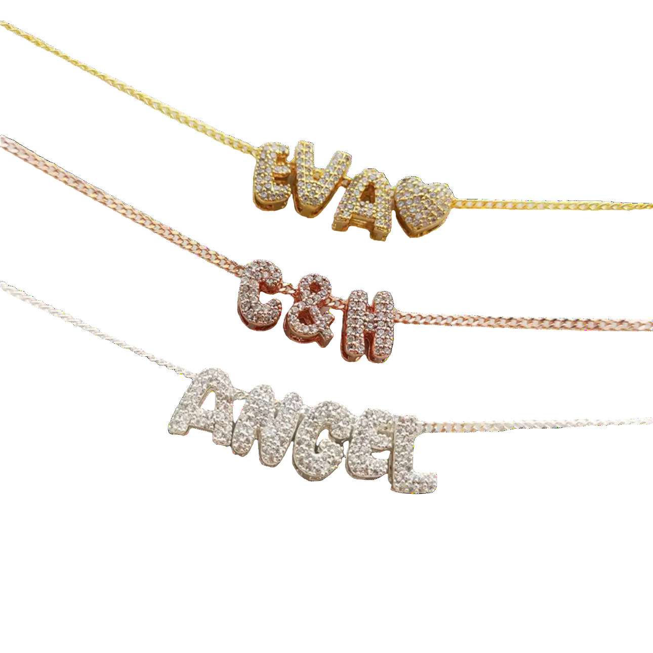 Three personalized bubble letter charm necklaces in gold, silver and bronze tone, with each necklace displaying charms in different sizes and styles.