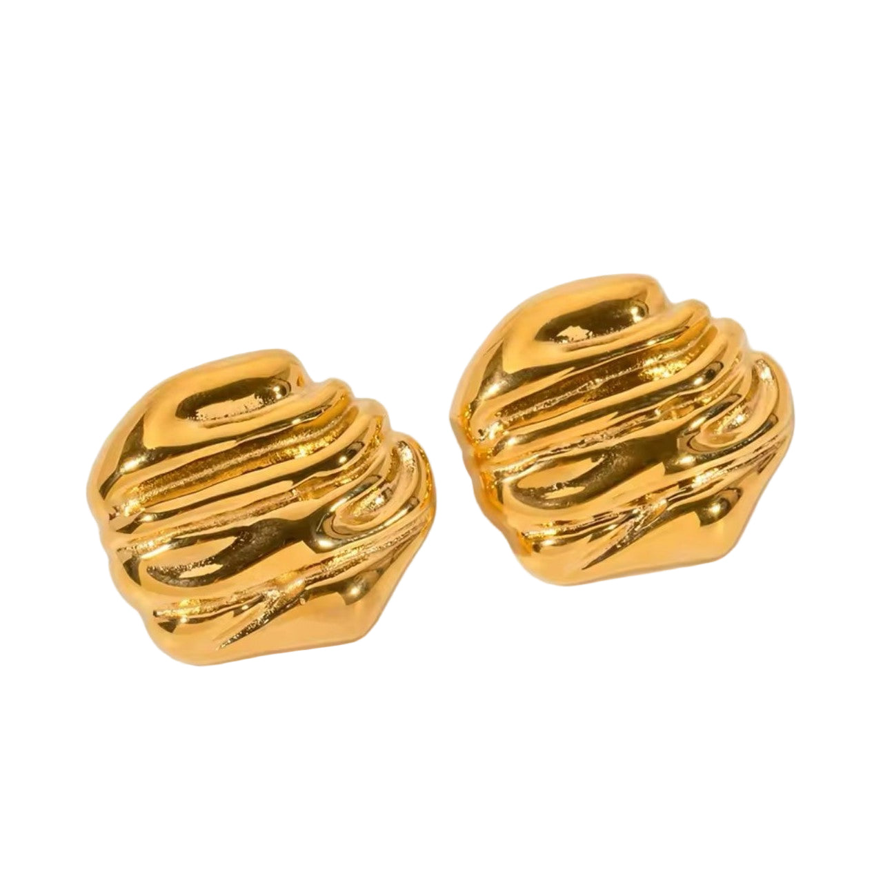 A pair of 18k gold plated stainless steel molten flow stud earrings displayed against a white background.