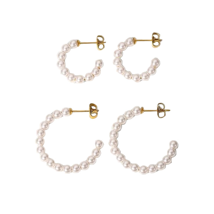 A set of pearl hoop earrings with a stainless steel C-shape design, displayed in a silver color.