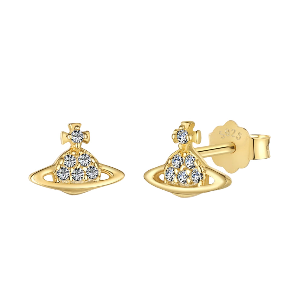 A pair of gold-colored stud earrings featuring a geometric pattern with a sparkling stone set in a graceful design.