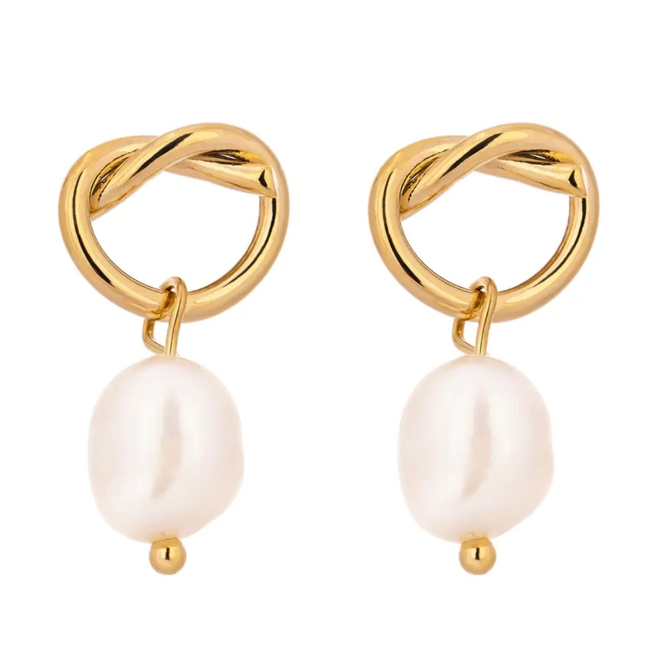 A pair of gold-plated hoop earrings with white pearls dangling from them.