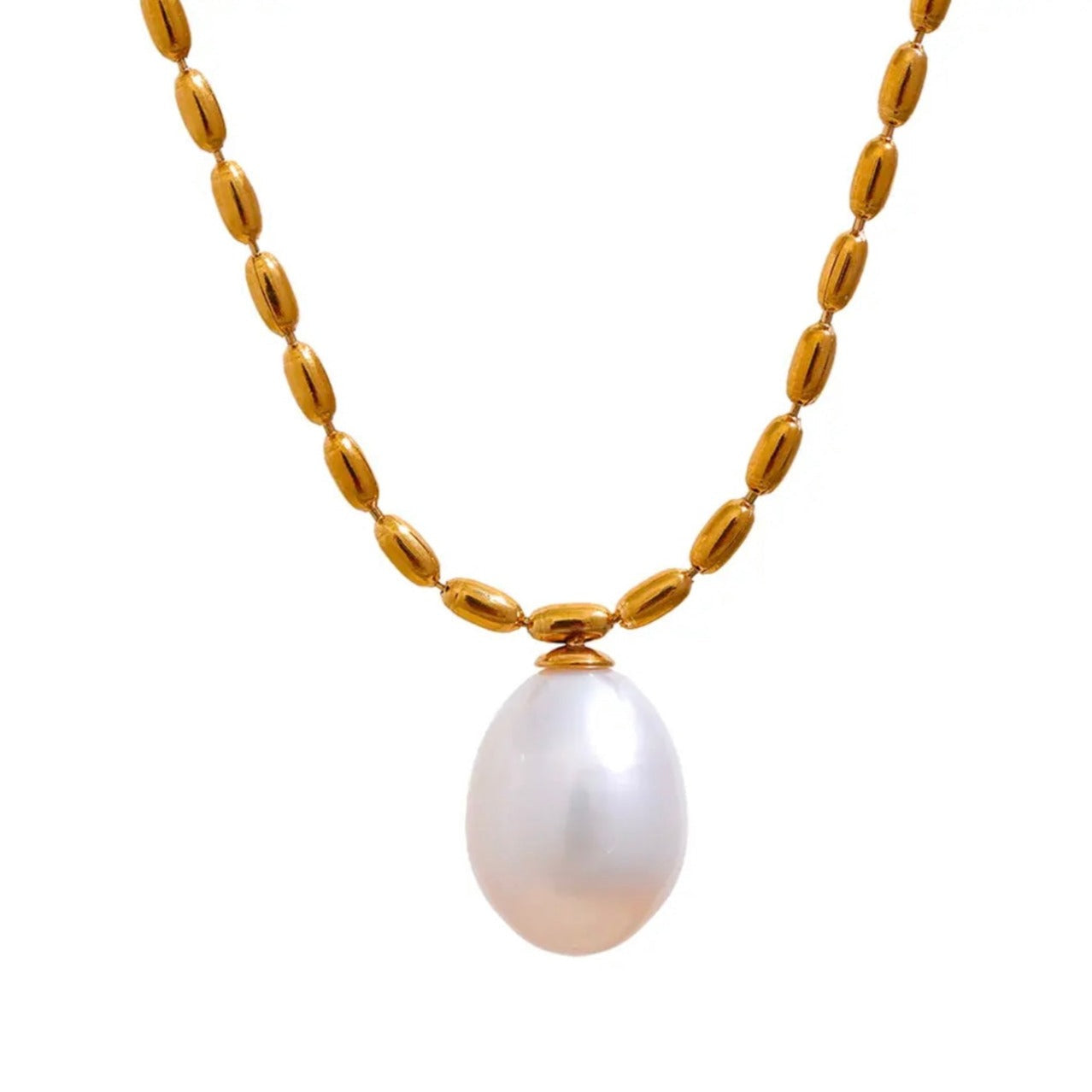 A pearl necklace with a gold-colored chain and a single white pearl pendant hanging in the center.