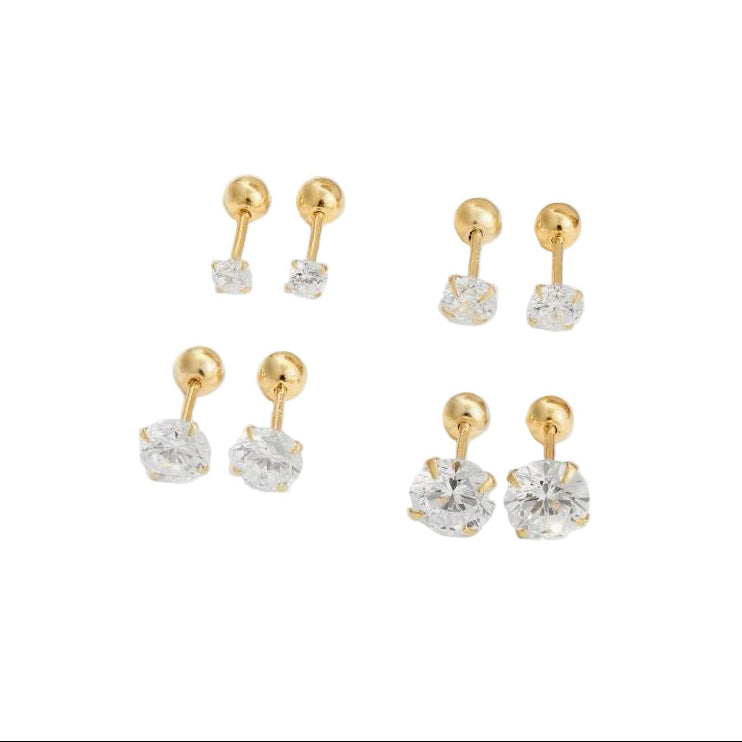 Four pairs of gold-plated barbell stud earrings featuring a clear, faceted gemstone on the end.