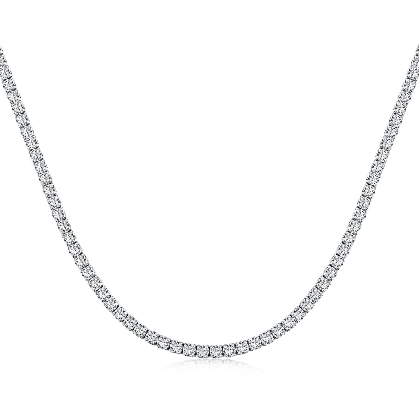 A tennis necklace with round shaped clear zircon stones set in sterling silver.