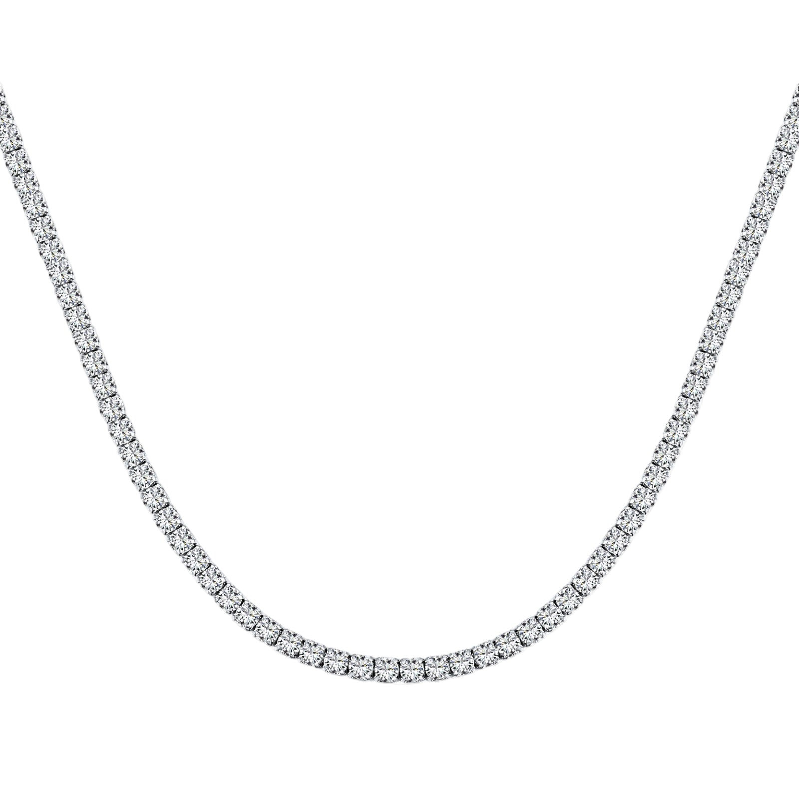 A tennis necklace with round shaped clear zircon stones set in sterling silver.