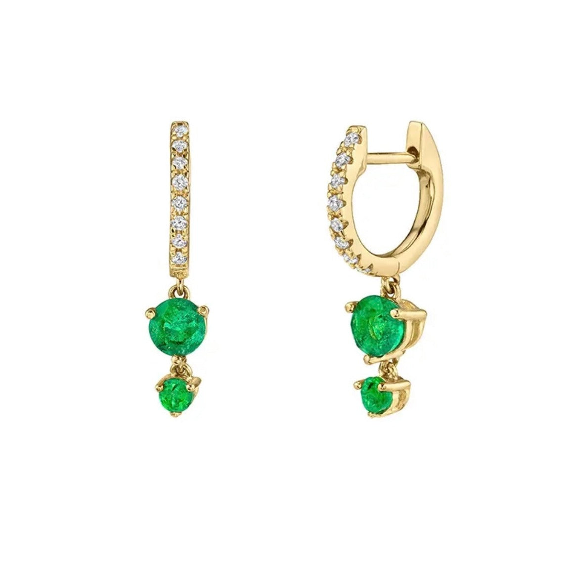 A pair of Sienna Huggie Hoop Drop Earrings in green color gemstones, in gold-tone settings displayed on white background.