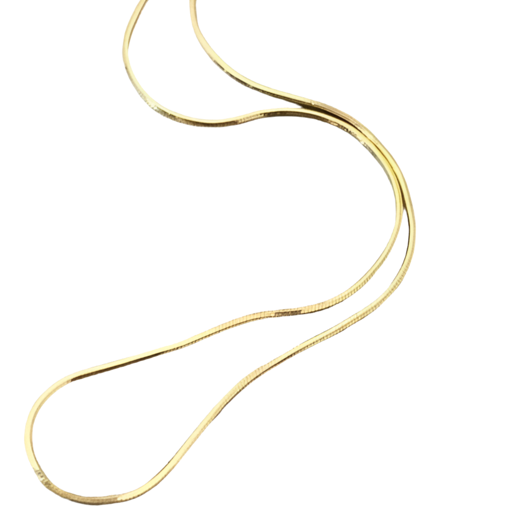 A sleek gold-colored stainless steel chain necklace displayed on a white surface.