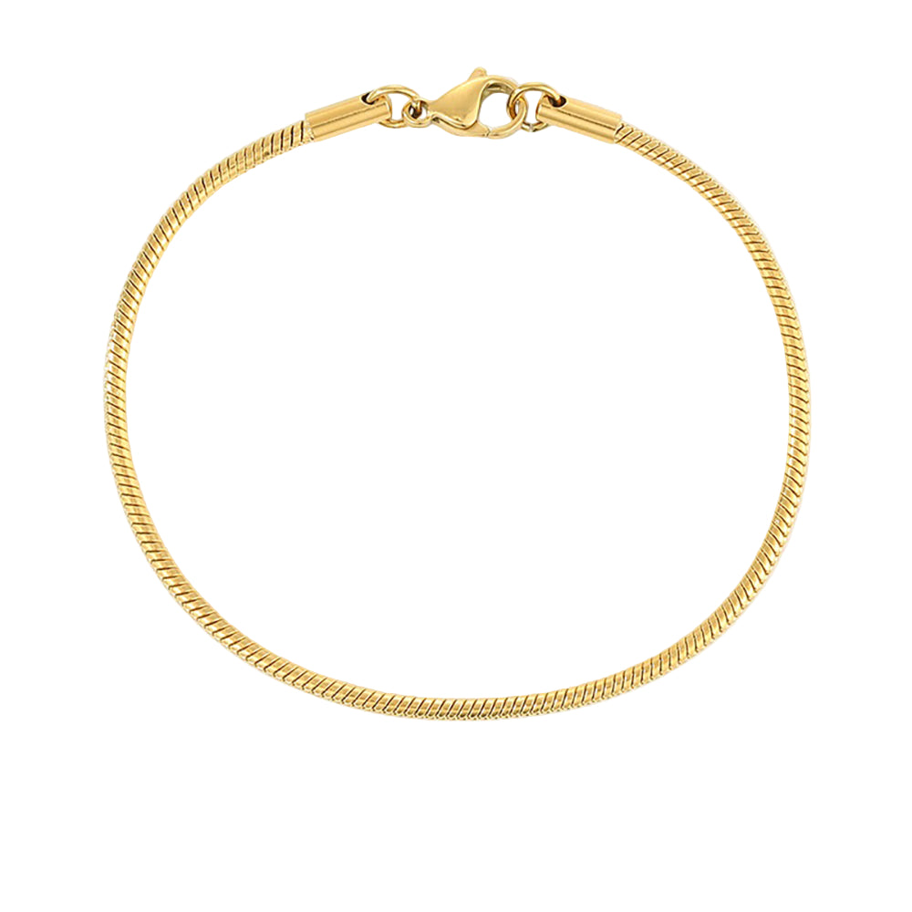 A gold-colored snake chain bracelet with a lobster clasp.